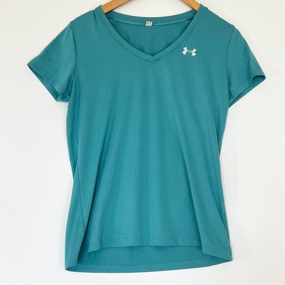 Under Armour Teal Blue Tech V-Neck Short Sleeve Workout Shirt NWOT - Picture 1 of 8